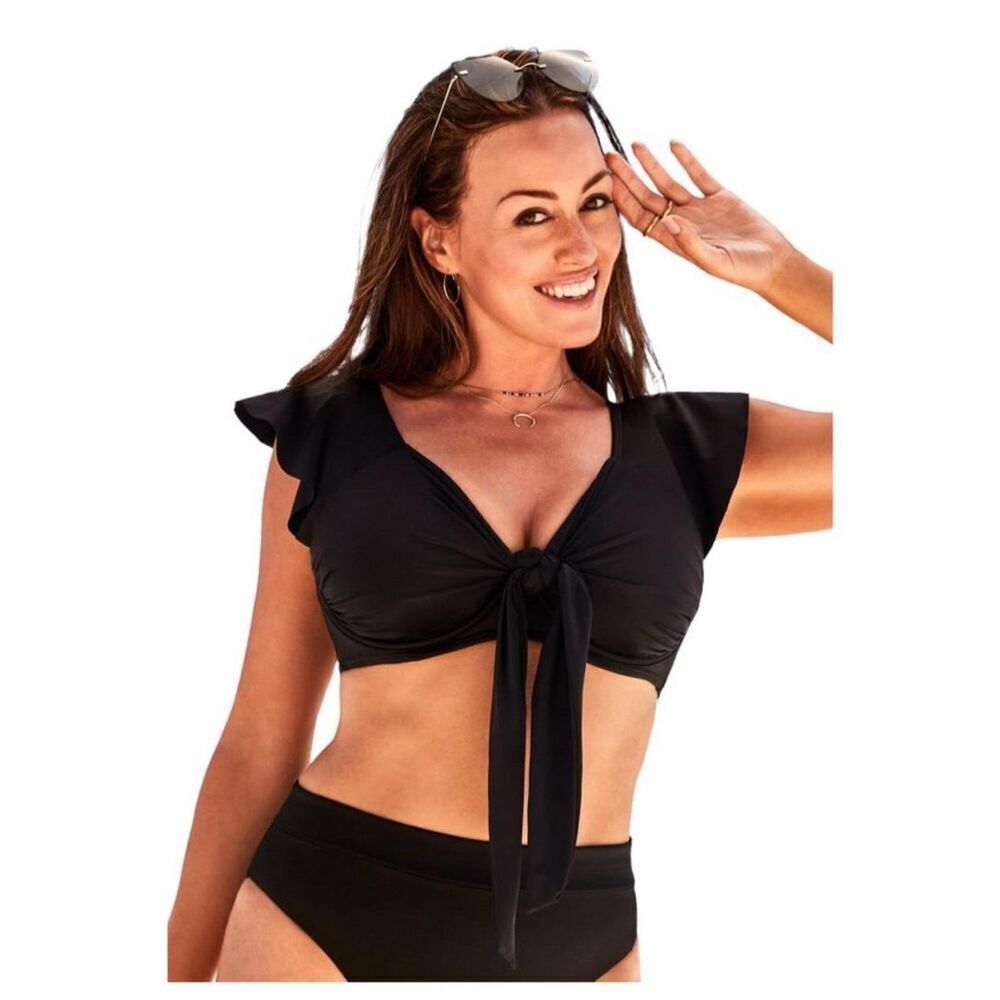 Women’s Bohemian Black Tie Front Ruffle Trim Bikini Set Size L